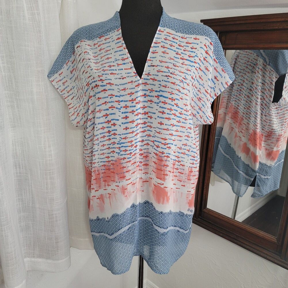 Cabi Yacht Top 5024 Sheer Mosaic Geometric Tunic Red White Blue Medium Boho